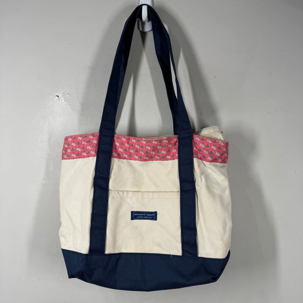 Vineyard Vines Delta Zeta Sorority Canvas Tote Bag Navy Pink Cream Gingham